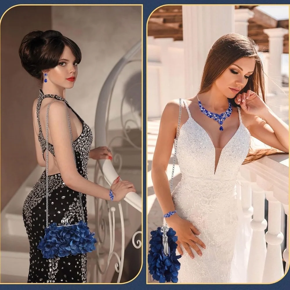 4 Pcs Flower Clutch Rhinestone Jewelry Set Clutch Necklace Earrings Bracelet